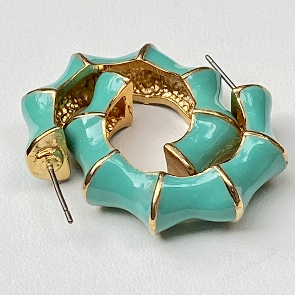 R.J. GRAZIANO 1” Half-Hoop Enameled Pierced Earrings with Bamboo Motif, Signed